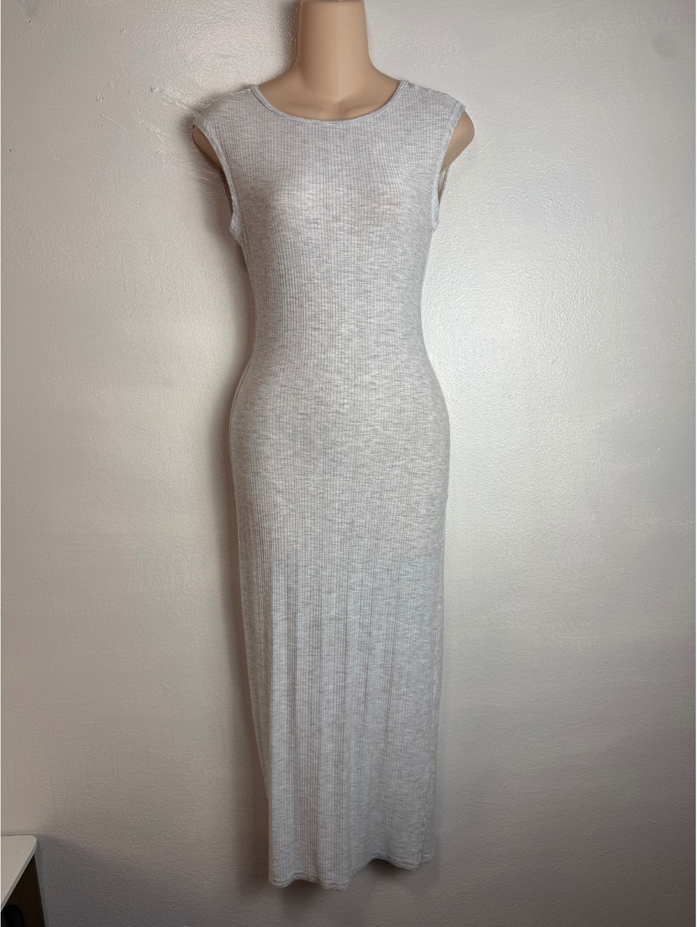 LUXE 360 Gray Ribbed Open Back Bodycon Maxi Dress